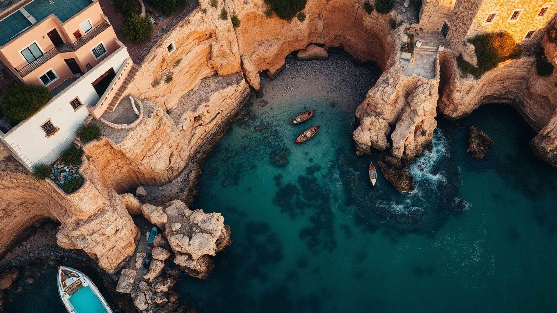 Cala mediterránea de aguas turquesa al atardecer
