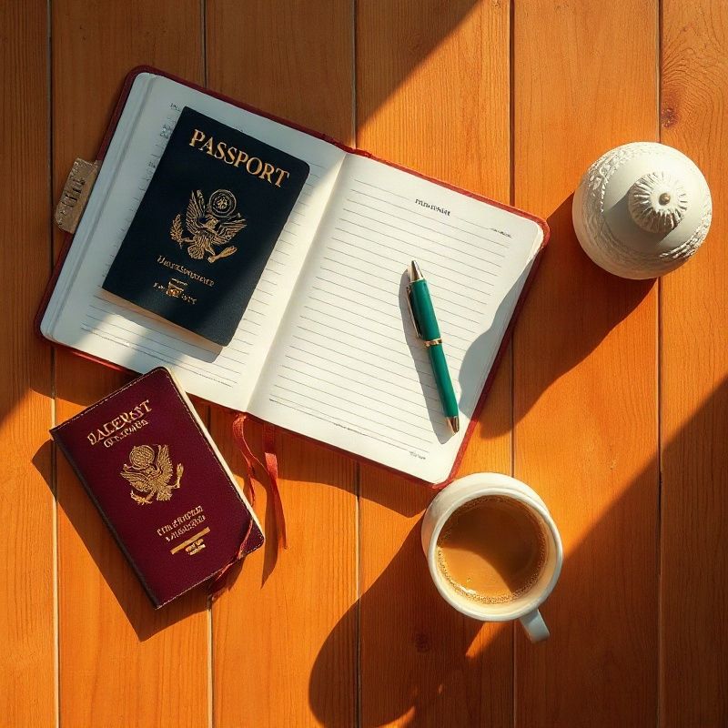 Diario de viaje, pasaporte y café sobre escritorio de madera cálida