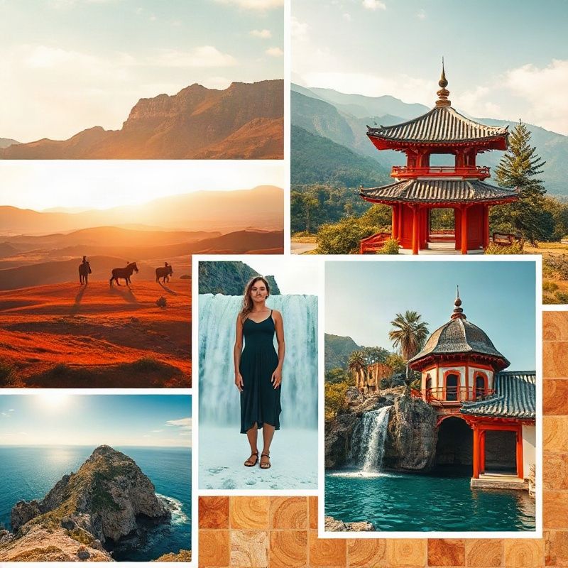 Collage editorial de destinos: safari, templo japonés, cascada islandesa e isla griega